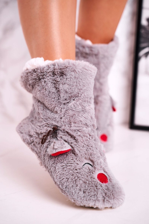 Świąteczne Papcie Z Reniferem Ocieplone Kożuszkiem Szare Rudolph