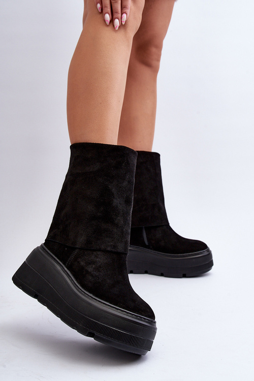 Zazoo 3410 Zamszowe Damskie Botki Na Masywnej Platformie Czarne