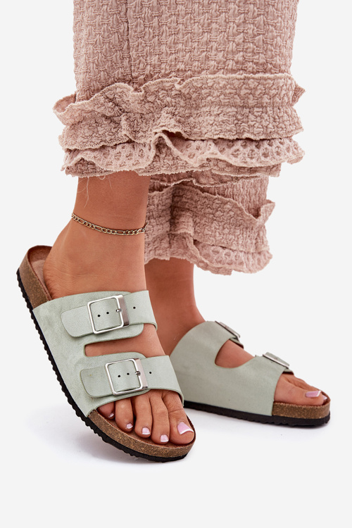 Klapki Damskie Na Korkowej Platformie Klamry Miętowe Evisolla