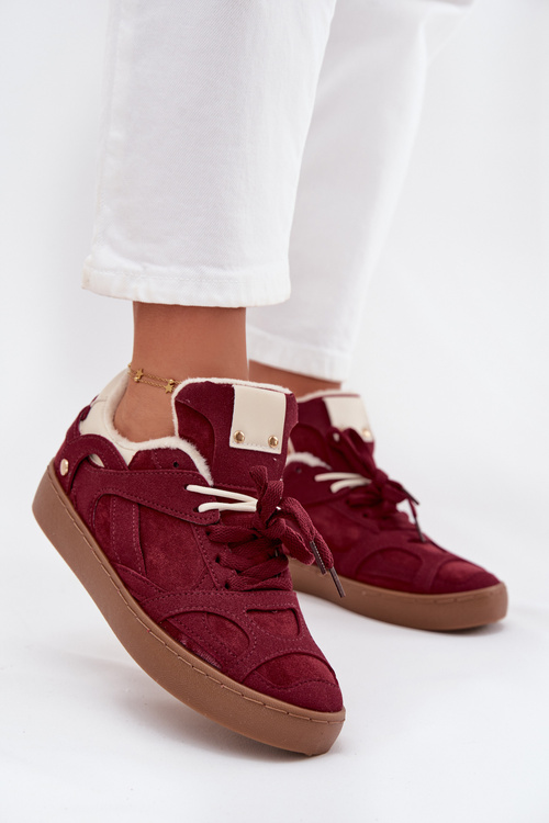 Sneakersy Damskie Na Platformie Ocieplane Futerkiem Bordowe Solvia 