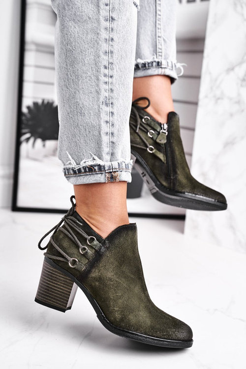 Botki Damskie Na Słupku Maciejka Wiosenne Skóra Oliwkowe 04812-24