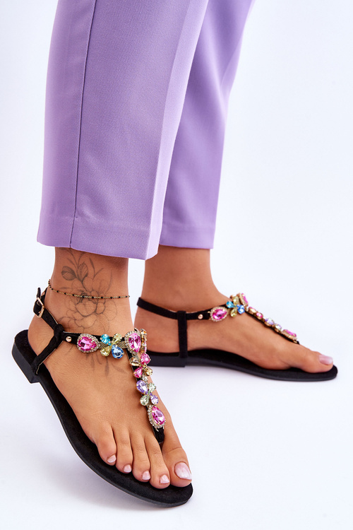 Zamszowe Sandały Japonki Z Kamieniami Czarne Frency