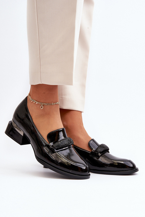 Damskie Półbuty Lakierowane Na Niskim Obcasie Czarne Marilni