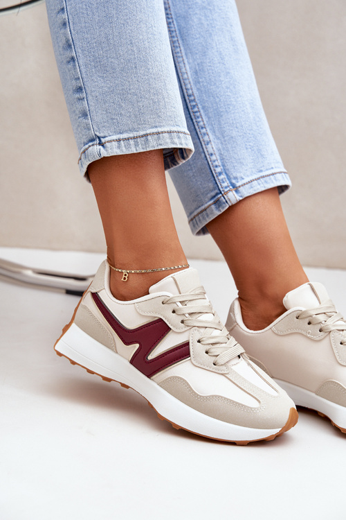 Buty Sportowe Sneakersy Damskie Beżowo-Bordowe Britma