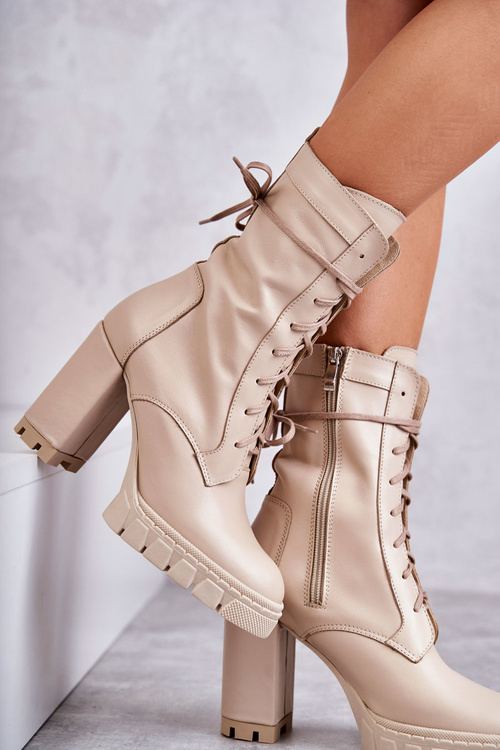 Damskie Skórzane Botki Na Platformie Beżowe Edna