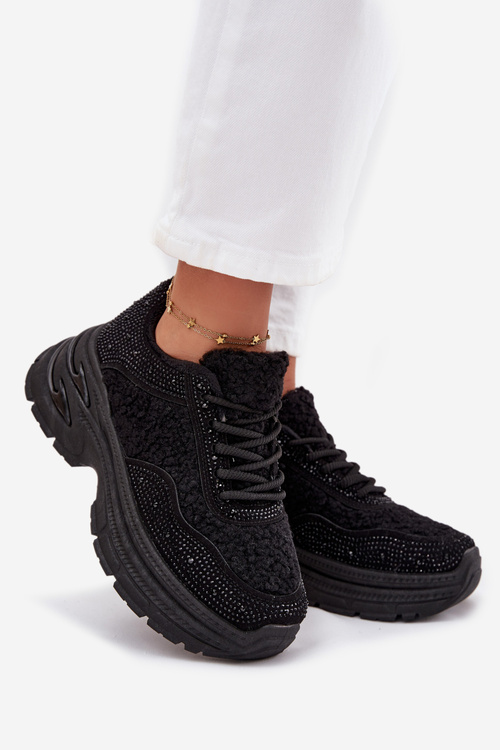 Sneakersy Damskie Z Cyrkoniami I Futerkiem Typu Baranek Czarne Zarika