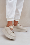 Damskie Skórzane Sneakersy Na Platformie Z Ozdobami CheBello 4292 Jasnobeżowe
