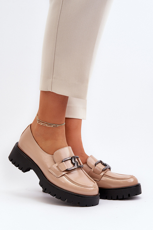 Lakierowane Mokasyny Damskie Beżowe Santtes