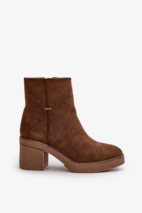 Botki Damskie Na Słupku Ocieplane Eko Zamszowe Brązowe Arkesia