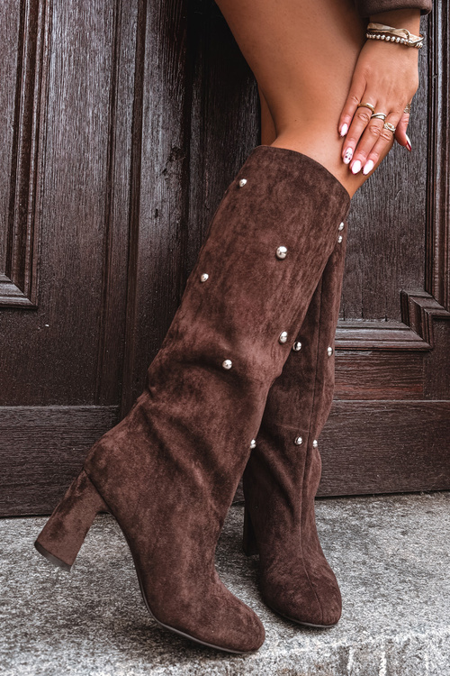 Kozaki Damskie Ocieplane Na Słupku Z Ozdobnymi Detalami Czekoladowe Lucinda