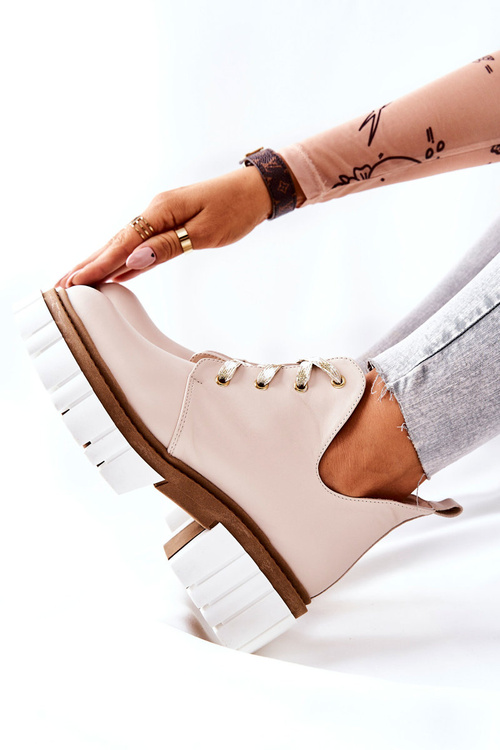 Skórzane Botki Z Wycięciem Wiązane Beżowe Kaxo