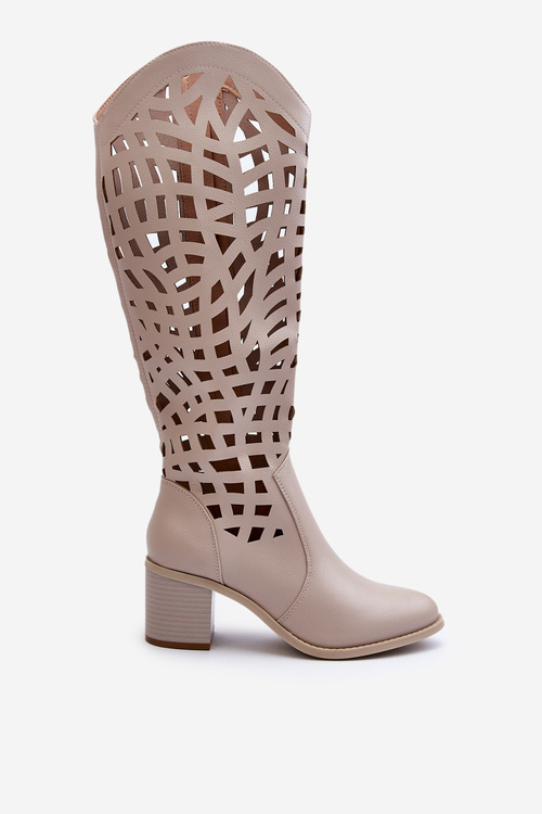 Ażurowe Kozaki Na Obcasie Beżowe Pinkema