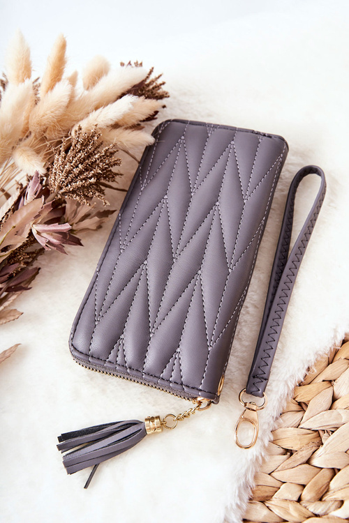 Duży Portfel Pikowany Na Suwak Z Paseczkiem Szary