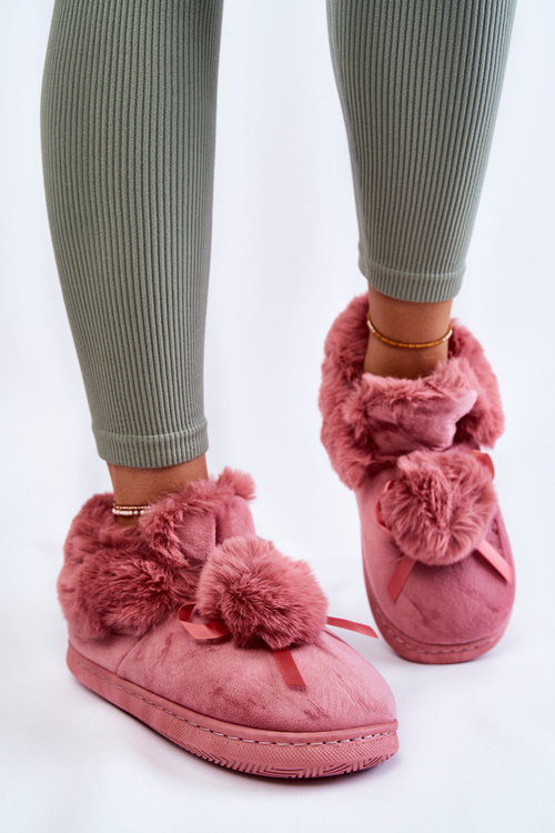 Damskie Wsuwane Futrzane Papcie Z Pomponem Różowe Noemi