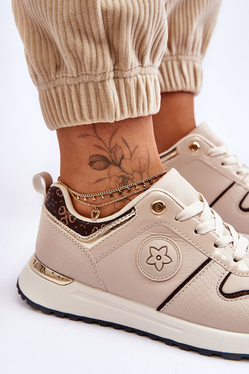 Modne Skórzane Buty Sportowe Beżowo-Brązowe Rachel