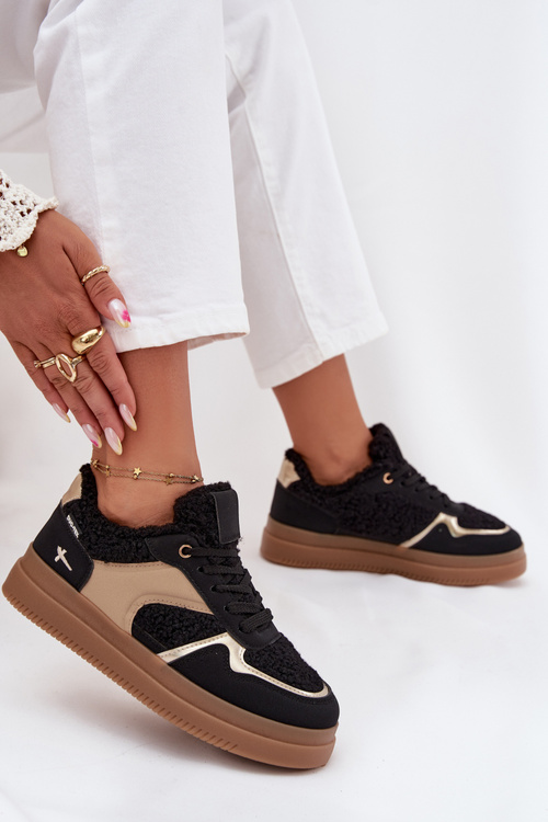 Sneakersy Damskie Na Platformie Z Futerkiem Typu Baranek Czarne Frelina