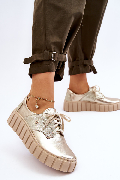 Zazoo 10128 Skórzane Półbuty Na Platformie Złote