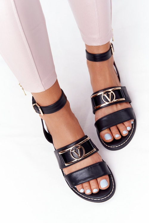 Płaskie Skórzane Sandały Czarne On Time