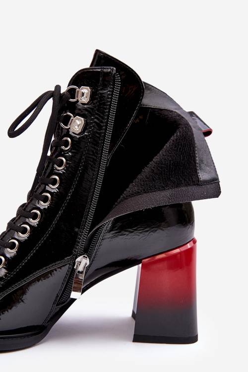 Lakierowane Botki Na Słupku Sznurowane D&A MR870-06 Czarne