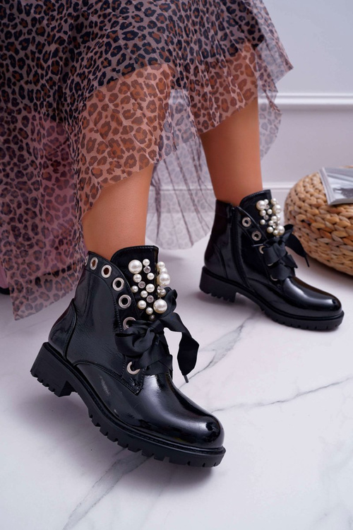 Damskie Botki Z Perełkami Ocieplane Wstążka Sia