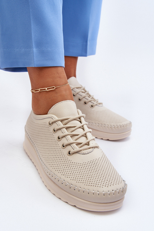 Skórzane Sportowe Buty Trampki Damskie Beżowe Lalnai