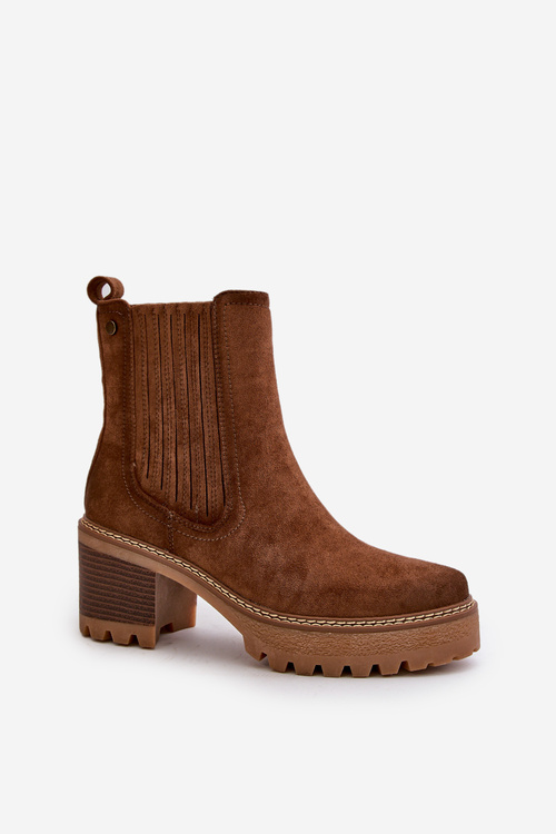 Botki Damskie Na Słupku Z Eko Zamszu Ocieplane Brązowe Nevitas