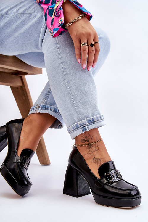 Skórzane Czółenka Na Masywnym Obcasie Czarne Maximo