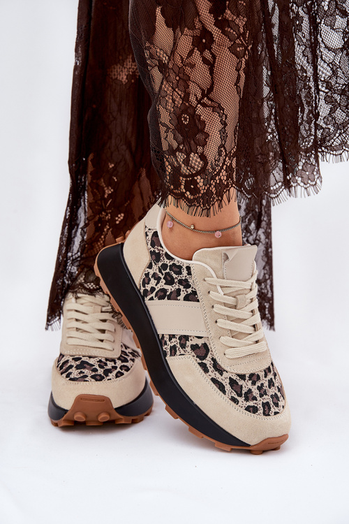 Zamszowe Sneakersy Damskie Na Platformie Panterka Vinceza 66793 Beżowe