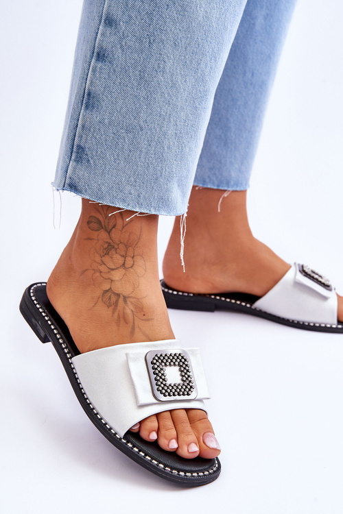 Damskie Skórzane Klapki Z Dżetami S.Barski KV-2775-33 Srebrne