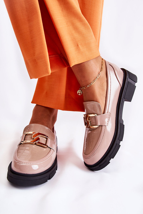 Modne Skórzane Półbuty Loafery Beżowe Loveliness