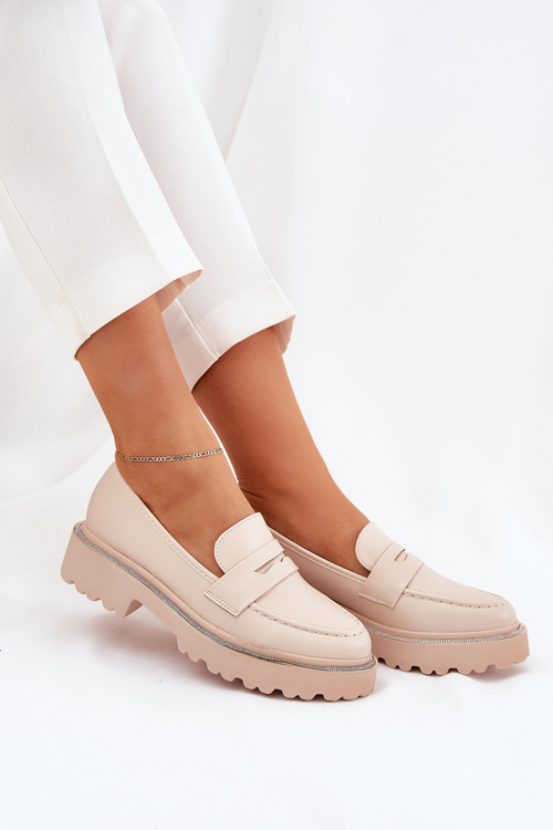 Mokasyny Damskie Eko Skórzane Z Cyrkoniami Beżowe Wilamla