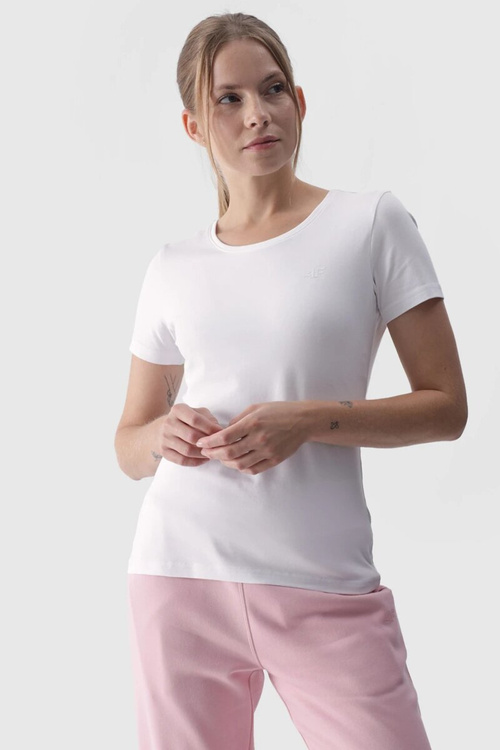 Damski Gładki T-Shirt Z Logo Biały 4F 4FWMM00TTSHF1845-10S