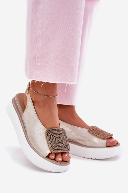 Zazoo 1786 Skórzane Sandały Damskie Na Platformie Z Ozdobą Złoty Przecierany