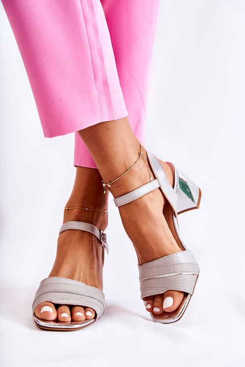 Skórzane Sandały Na Słupku Srebrne Corane