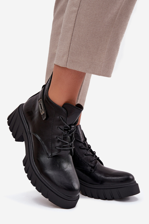 Niskie Ocieplane Botki Damskie Na Klocku Z Ozdobnym Paskiem Czarne Therisse