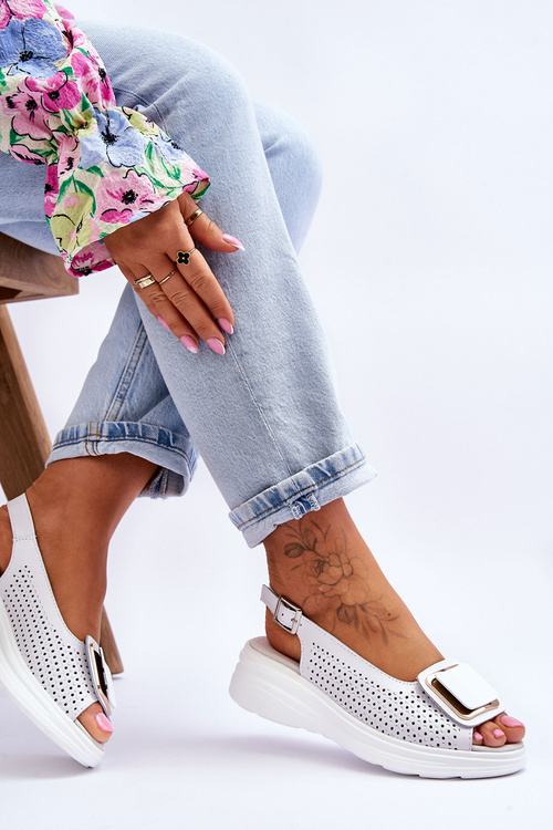 Skórzane Ażurowe Sandały S.Barski BN291 Białe