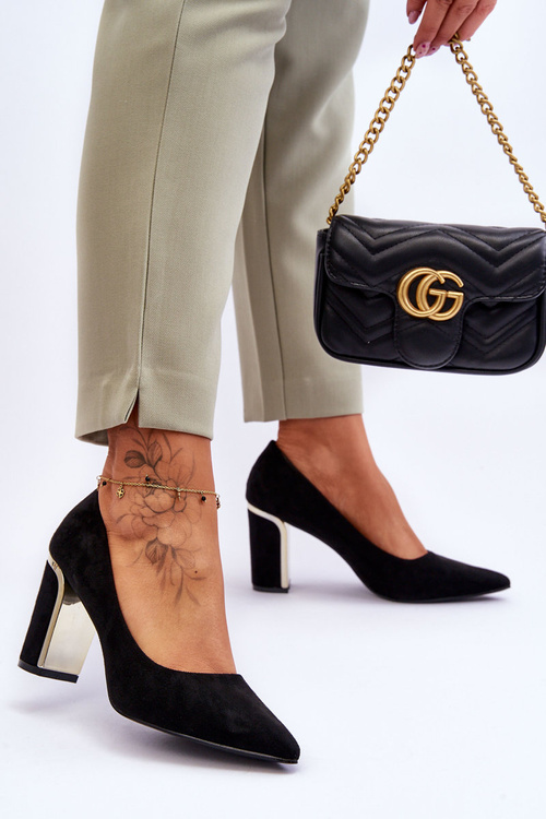 Klasyczne Zamszowe Czółenka Na Ozdobnym Słupku Czarne Elizabeth