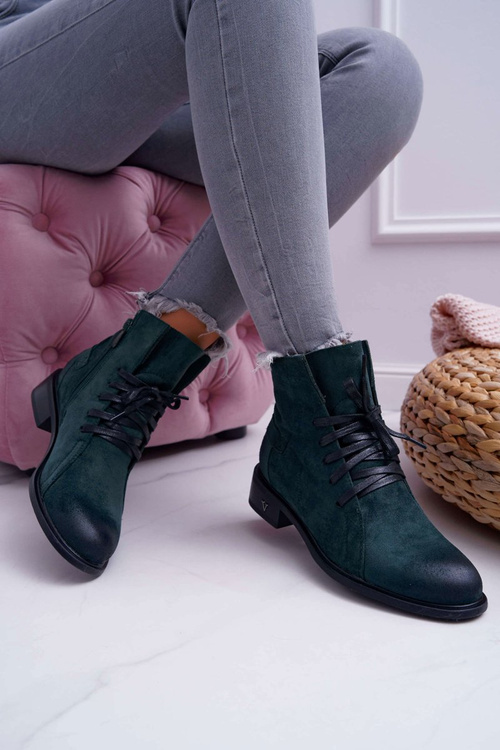 Botki Damskie Płaski Obcas Workery Zielone Teref