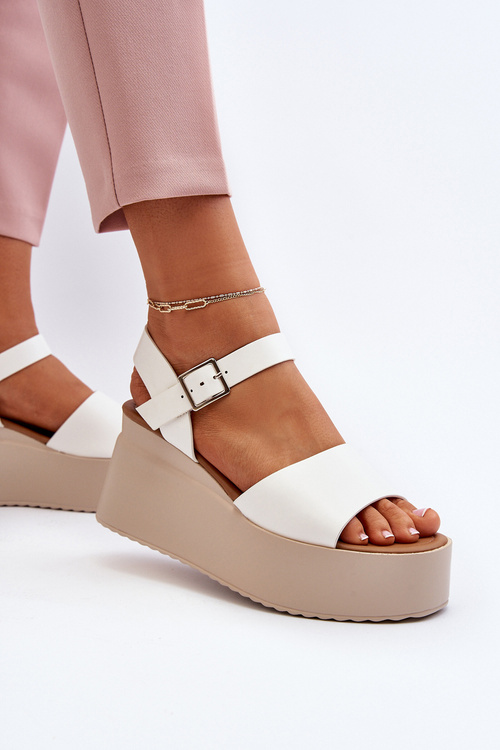 Damskie Sandały Na Koturnie Białe Geferia