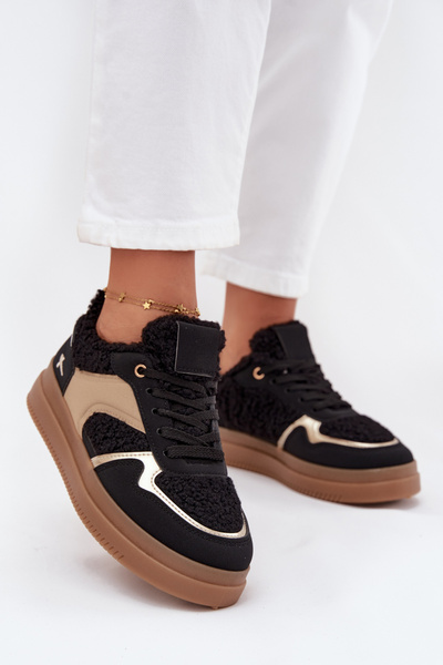 Sneakersy Damskie Na Platformie Z Futerkiem Typu Baranek Czarne Frelina