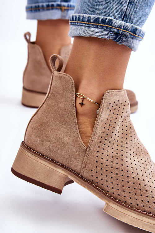 Zamszowe Ażurowe Botki Na Płaskim Obcasie Ciemnobeżowe Angie