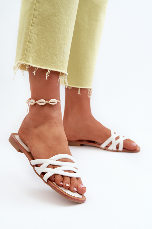 Klapki Damskie Eko Skórzane Na Płaskim Obcasie Białe Moldela