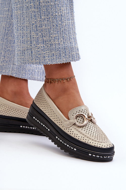 Skórzane Błyszczące Mokasyny Damskie Na Platformie Z Ozdobą S.Barski LR750 Złote