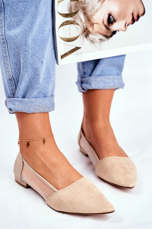 Baleriny Damskie Z Siateczką Zamsz Beżowe Fibe