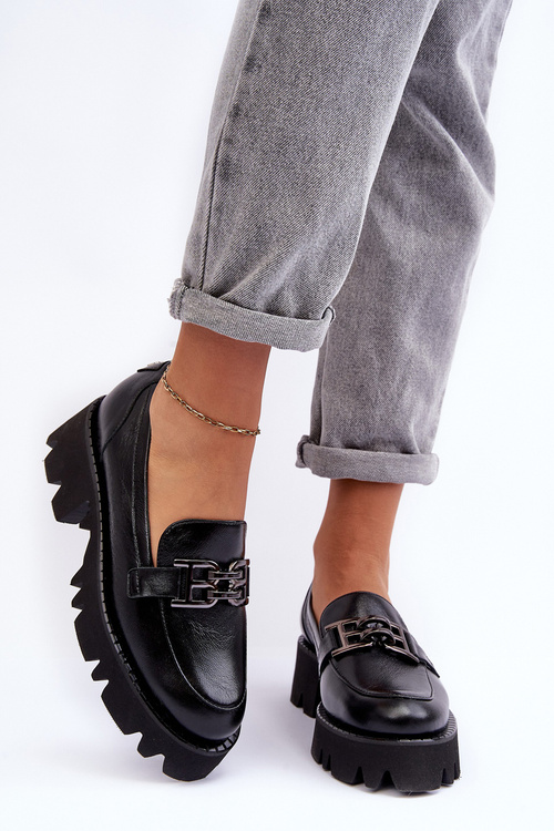 Damskie Skórzane Półbuty Loafersy Z Ozdobą Laura Messi 2699 Czarne