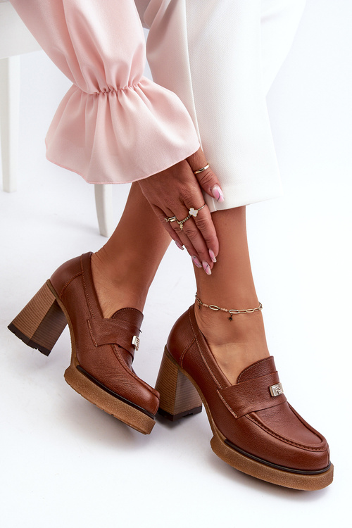 Zazoo 20169 Skórzane Półbuty Na Obcasie Brązowe