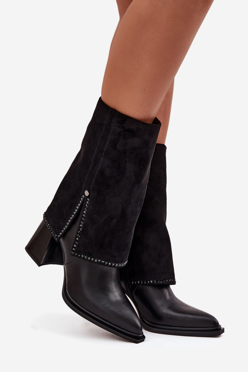 Skórzane Botki Damskie Na Słupku Z Wywiniętą Cholewką Ocieplane Maciejka K7206-01 Czarne