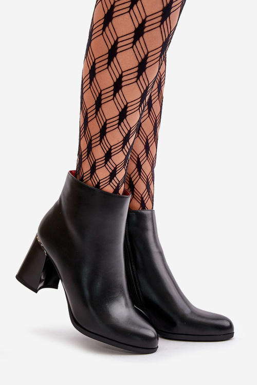 Gładkie Botki Damskie Na Słupku Z Eko Skóra Ocieplane Czarne Milisea