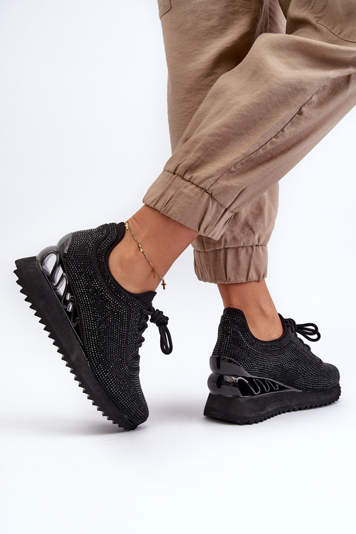 Sneakersy Damskie Na Koturnie Zdobione Cyrkoniami D&A MR38-377 Czarne