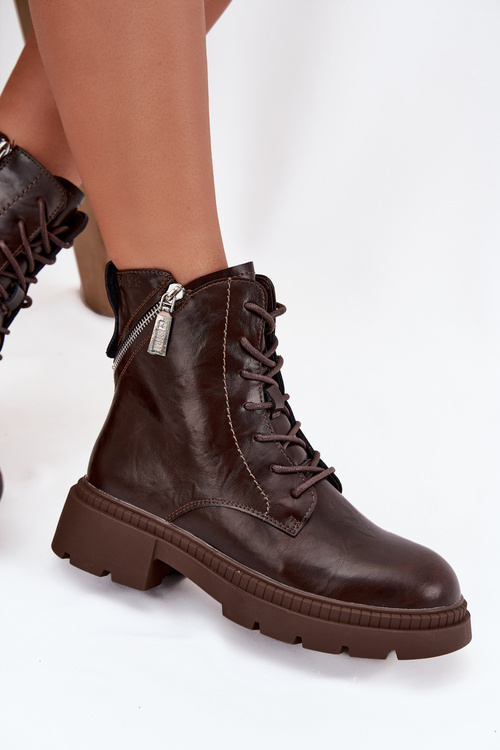 Skórzane Botki Workery Damskie Ocieplane Big Star SS274453 Brązowe